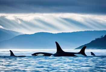 Fototapeta premium striking bold orca silhouettes set vibrant ocean landscape featuring rich natural elements, blue, scenery, water, green, nature, marine, sea, sky, beach