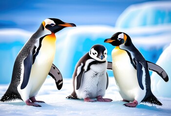 Fototapeta premium charming playful penguin designs set bright icy backgrounds vibrant colors whimsical elements fun arctic aesthetic, ice, cold, character, fashion, animal, cute