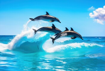 Obraz premium dynamic colorful dolphin movements captured lively ocean waves under bright sunlight, sea, vibrant, water, marine, animal, playful, blue, fluid, texture