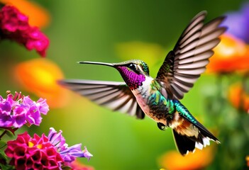 Fototapeta premium vibrant hummingbird hovering among colorful blooms flourishing garden filled lush greenery bright floral displays, wildlife, flowers, nature, tropical, pollen
