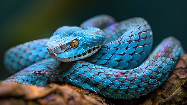 A blue viper having yellow eyes on a tree looking for some food