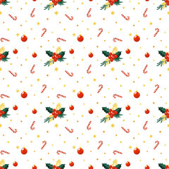 This Christmas pattern is made in a flat style with various iconic elements. Seamless background ideal for use in textiles, wallpaper and holiday decorations.