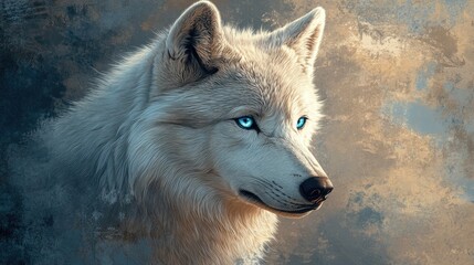 Obraz premium Stunning white wolf with blue eyes in a digital painting, capturing the wild elegance and mystique of this creature.