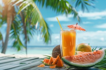 Glass of juice and fruits such as orange, watermelon and coconut on a wooden table on a beautiful beach with coconut trees