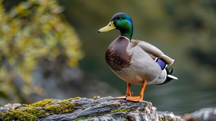 Mallard Duck on water blurry background copy space, Generative AI.