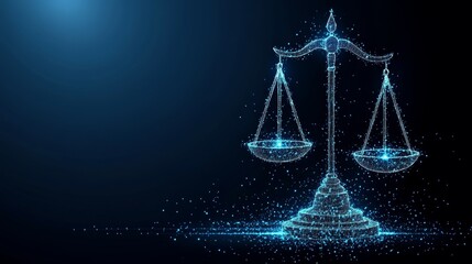 Digital Justice A Blue Black Abstract Scale of Justice Rendered in Glowing Particles Centered with Empty Space Left