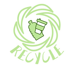 Recycle Bio plastic logo icon, bottle and pot with arrows recycling sign, Reusable ecological preservation concept, Isolated on white background, Vector illustration.