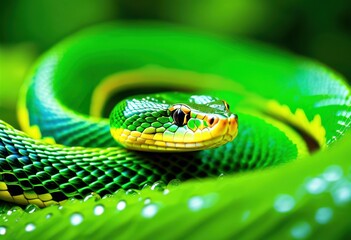 Fototapeta premium vivid macro colorful snake camouflaged lush green foliage surrounded rich textures natural elements, vibrant, nature, wildlife, plant, leaf, dense, animal