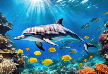 Obraz premium vibrant dolphin swimming crystal clear underwater ocean scene colorful marine life lively coral reef, fish, blue, scenery, aquatic, environment, animal