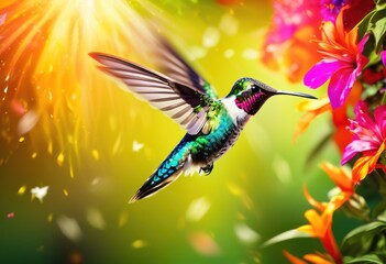 Fototapeta premium vibrant hummingbird darting among colorful exotic flowers lush tropical garden, nature, flora, nectar, petal, wing, green, landscape, bloom, beauty, wildlife