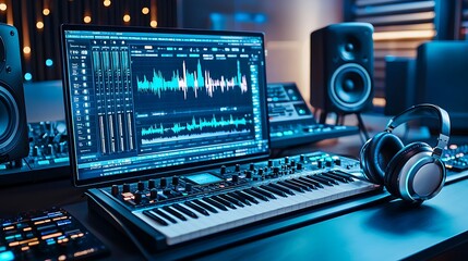Naklejka premium semi close-up of a creative workspace featuring royalty-free music tracks on a digital interface, headphones and sound equipment in the background, cool ambient lighting, focus on the audio
