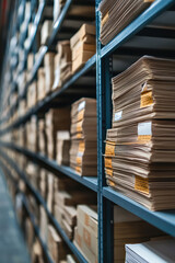 Document Archiving background wallpaper. Efficient Storage Systems, shelves with rows of stacks of paper sheets documents.