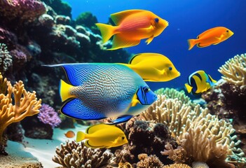 Obraz premium vibrant coral reefs filled variety colorful fish species rich marine life, aquatic, blue, biodiversity, diving, ecosystem, fins, habitat, landscape, ocean
