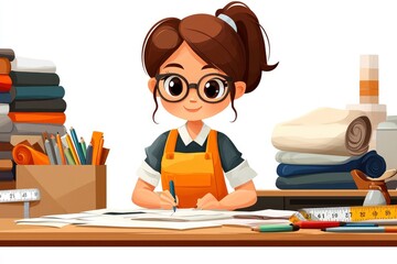 Young Girl Sewing Dressmaker Cartoon Character