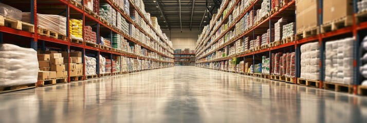 A large warehouse has a spacious aisle filled with packed boxes and various products