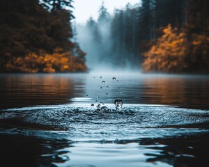 Raindrops Disrupting Serenity A LowAngle View of a Single Drop Splashing in a Still Lake with a Misty Forest in the Background
