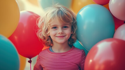 Child stands with balloons in hand and smiling, holiday, fun, elebration