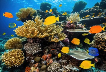 vibrant underwater ecosystems featuring colorful coral reefs diverse marine life lush aquatic plants, biodiversity, blue, diving, exploration, fauna, fish, flora