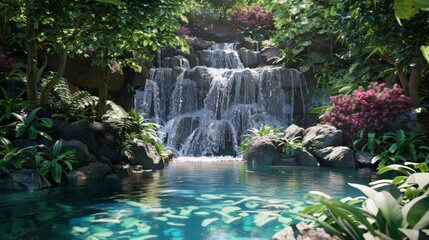 Naklejka premium A scenic waterfall cascading into a crystal-clear pool surrounded by lush greenery, ultra-realistic textures with fine details and vibrant colors