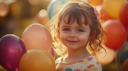 Child stands with balloons in hand and smiling, holiday, fun, elebration