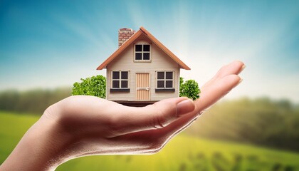 Toy home house being held in hand. Real estate, first-time home buyer owner concept.