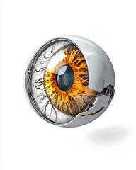 A futuristic robotic eye showcasing intricate details and vibrant colors, blending technology with organic elements.