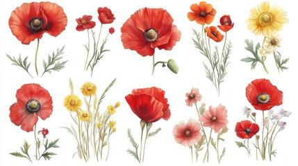 Fototapeta premium Watercolor Composition of Poppies and Wildflowers A Delicate Floral Arrangement with Detailed Botanical Illustrations 176 characters