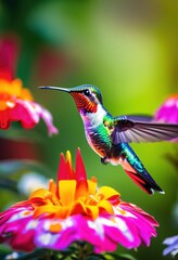 Fototapeta premium vibrant hummingbird hovering over colorful flower extracting nectar lush garden, nature, wildlife, pollination, beauty, botanical, flora, blossom, wing