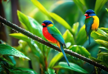 Obraz premium vibrant wildlife displayed amongst lush tropical foliage featuring colorful exotic diverse flora lively natural environment, adventure, aesthetic