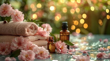 A tranquil home spa setting with essential oils, fresh flowers, and a soft-focus background, promoting relaxation and natural wellness
