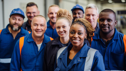 Diverse group of industrial workers smiling and standing together in a factory