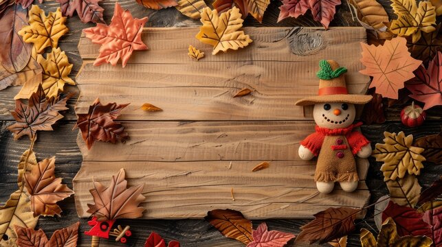Blank wood sign with a scarecrow and fall leaves for your autumn time message
