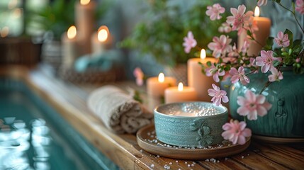 A tranquil scene of a home spa setup with aromatherapy candles, herbal tea, and fresh flowers, promoting self-care and relaxation