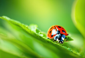 Fototapeta premium vibrant ladybug perched lush green showcasing its bright red shell rich green background, insect, beetle, foliage, nature, plant, leaf, colorful, macro
