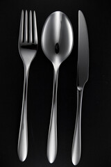 Studio shot of polished silverware on black matte background.