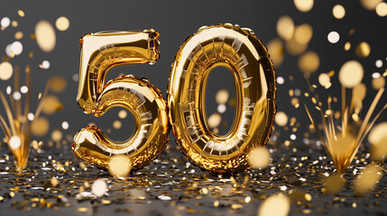 Gold foil balloon shaped as the number 50 on a grey background with bokeh lights, perfect for a 50th anniversary celebration. The design features a sophisticated card banner template ideal for marking