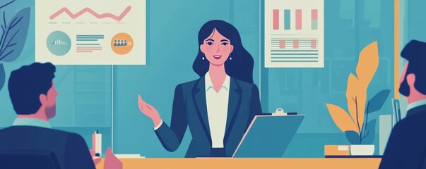 A professional woman presenting data in a modern office setting. Engaging figures and charts enhance the business discussion.