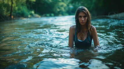 Fototapeta premium A beautiful girl stands in the river