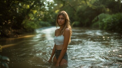 A beautiful girl stands in the river