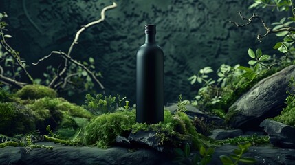 Black stylish bottle on a background of stones and moss