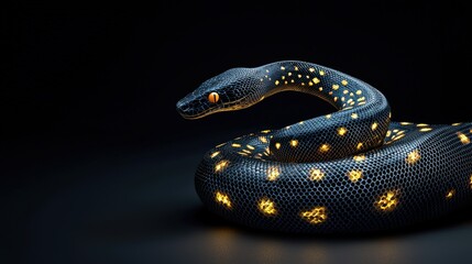 Fototapeta premium A stunning black snake adorned with glowing yellow spots, capturing attention with its unique and mesmerizing appearance.