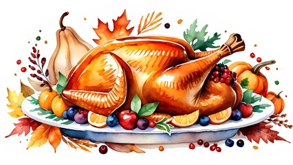 Watercolor of roasted turkey preparation for thanksgiving, isolated on white