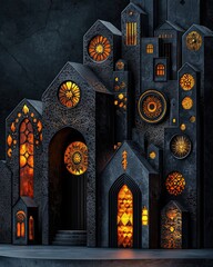 A stunning dark architecture piece featuring intricate designs and glowing elements, perfect for fantasy and gothic themes.