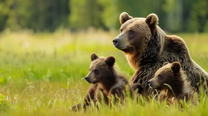 Obraz premium A brown bear with his cubs sitting on the grass enjoying the sunlight