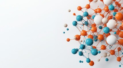 A vibrant 3D illustration of molecular structures in orange, blue, and white colors, depicting scientific concepts and connections.