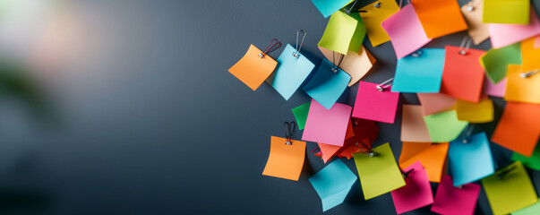 A scattered collection of sticky notes in various colors, adding a playful burst of energy against a neutral gray wall