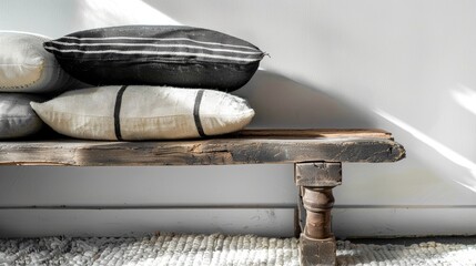 Obraz premium Still life details stack of black and white cushions on rustic bench on white carpet