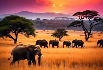 Fototapeta premium vibrant animal silhouettes stunning landscapes featuring colorful skies natural elements, nature, sky, sunset, sunrise, wildlife, scene, trees, mountains