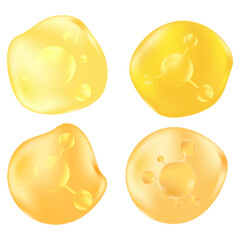 Gold oil 3d molecule blobs or droplets isolated transparent background, hyaluronic acid or collagen, bio cell, vector scientific icon. Cosmetology elements. Beauty science or vitamin molecule essence