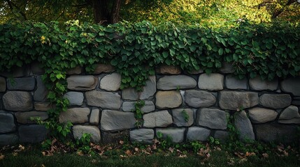 Obraz premium An old stone fence overgrown with ivy and moss